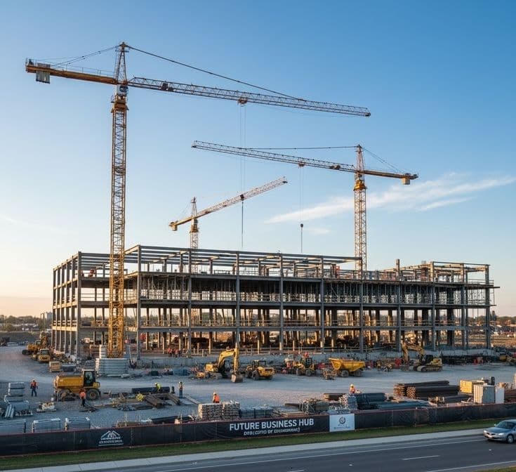 Industrial factory construction site with steel framing